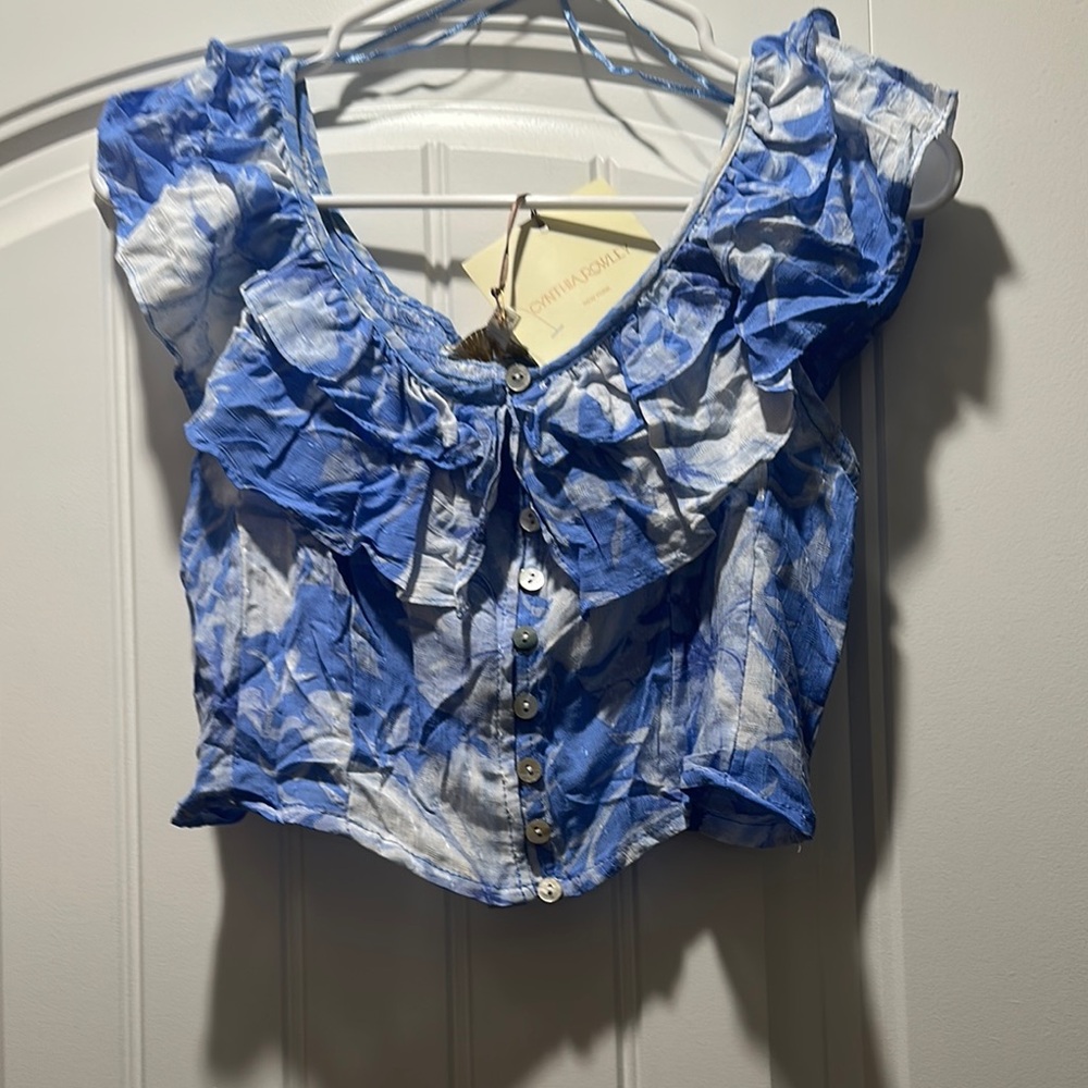 Blue and White Ruffled Top